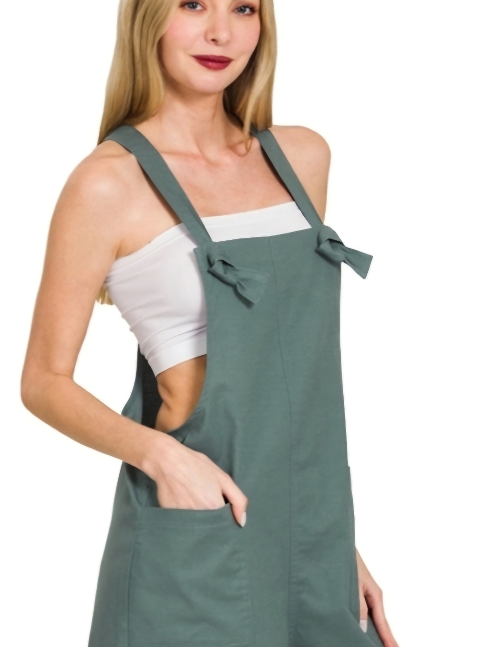 Zenana Outfitters Olive Green Tie-Shoulder Pinafore NWT
